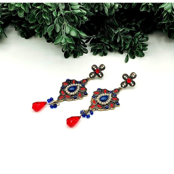 Vintage Inspired Bohemian Blue Red Crystal Chandelier Earrings - Picture 3 of 5